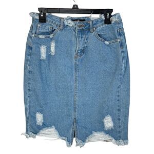 Misguided SZ 6 Denim Jean Skirt Distressed/Rips Pockets Frayed Hem Light Wash